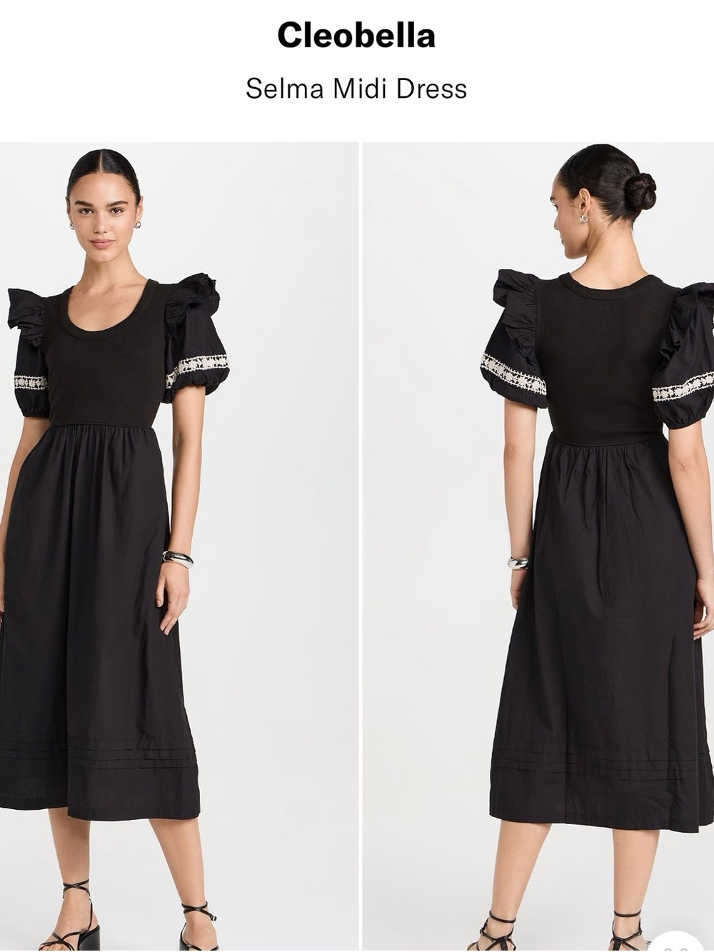 Cleobella Selma Midi Dress Black Ivory Puff Sleeve Embroidered Boho L NWOT